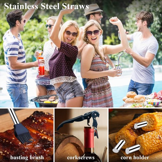Famanu Extra dikke RVS grillset voor mannen, set van grilaccessoires voor BBQ in achtertuin, cadeauset met grilltools, met vleesthermometer, in aluminium koffer, 26 stuks, zilver van Famanu — afbeelding 4