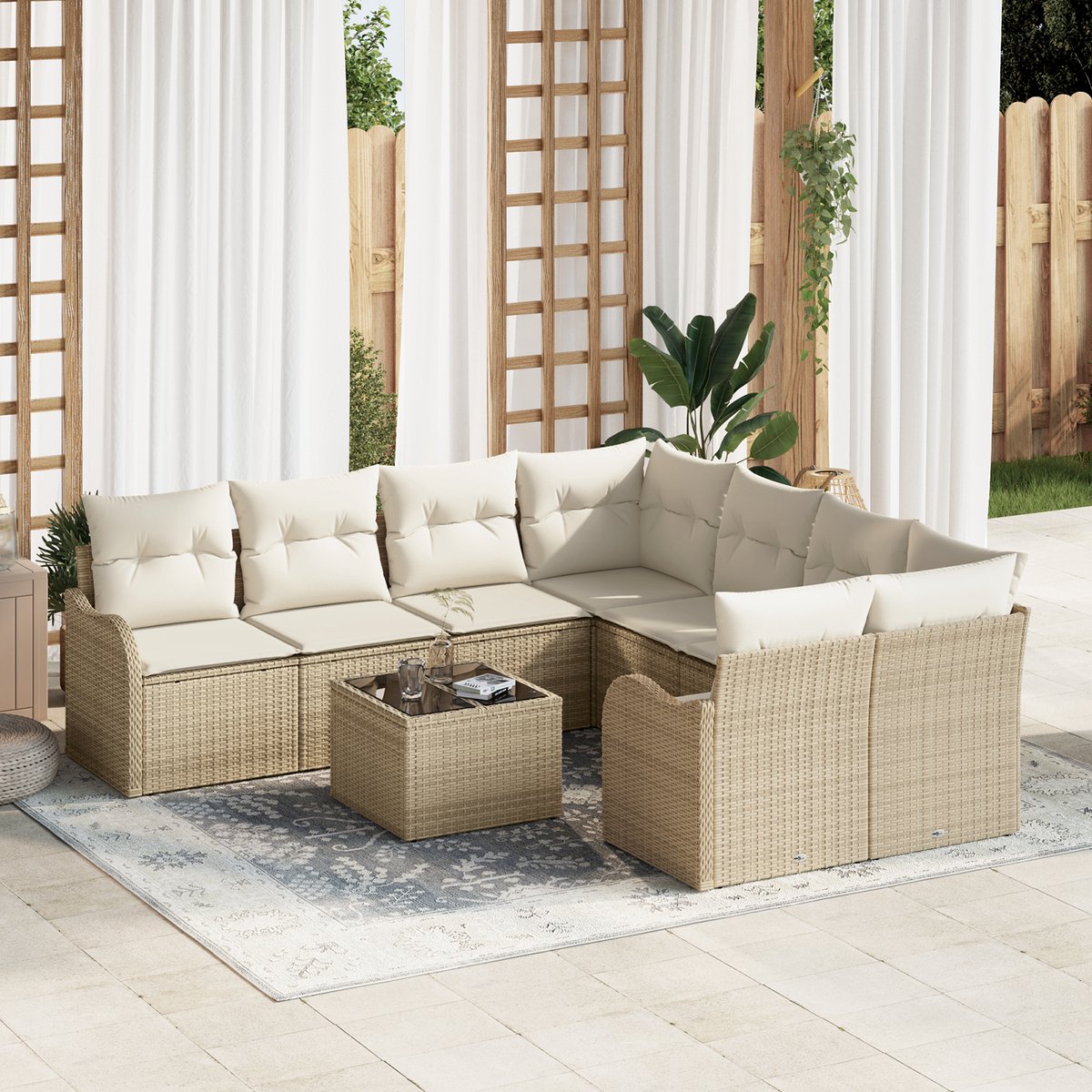 vidaXL - Tuinbank - Set - met - kussen - met - opslag - 9 - pcs - Beige - poly - rattan