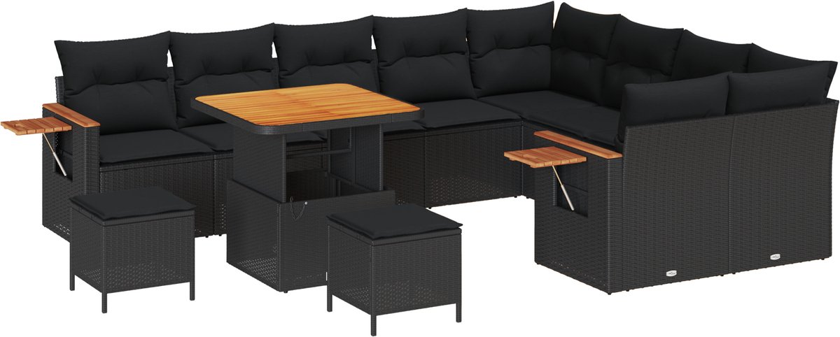 vidaXL - Tuinbank - Set - met - kussen - 13 - pcs - Zwart - poly - rattan