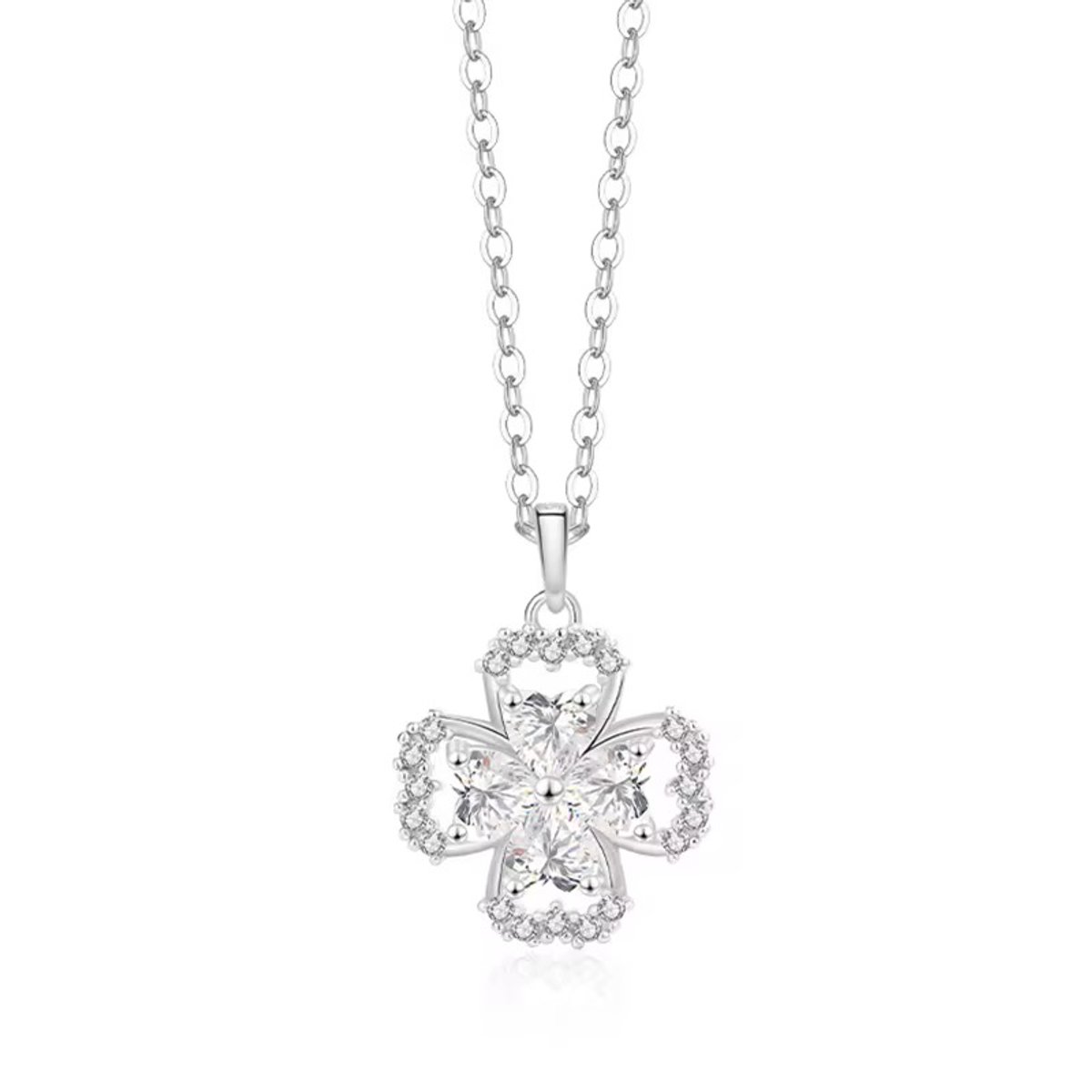 Selevie Zilveren Ketting met Klavertje Vier Hanger - Four-leaf Clover - Dubbele Zirkonia Bezetting