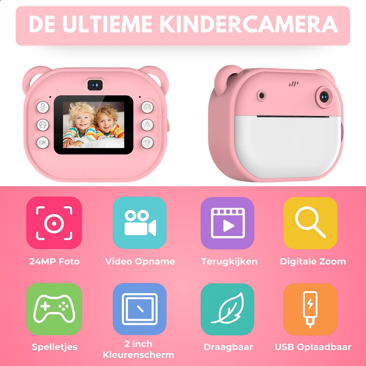Boncy® Digitale Kindercamera met Foto Printer - Instant Print Kinder Camera - Fototoestel voor Kinderen Jongens & Meisjes - Digitaal Kindercamera's Speelgoed - Fotoprinter Speelgoedcamera Pocket Printer Roze — afbeelding 2