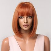 Perruque Femme Courte Synthétique Brun Châtain Avec Frange - Bonnet Moyen, Style Naturel Et Lisse