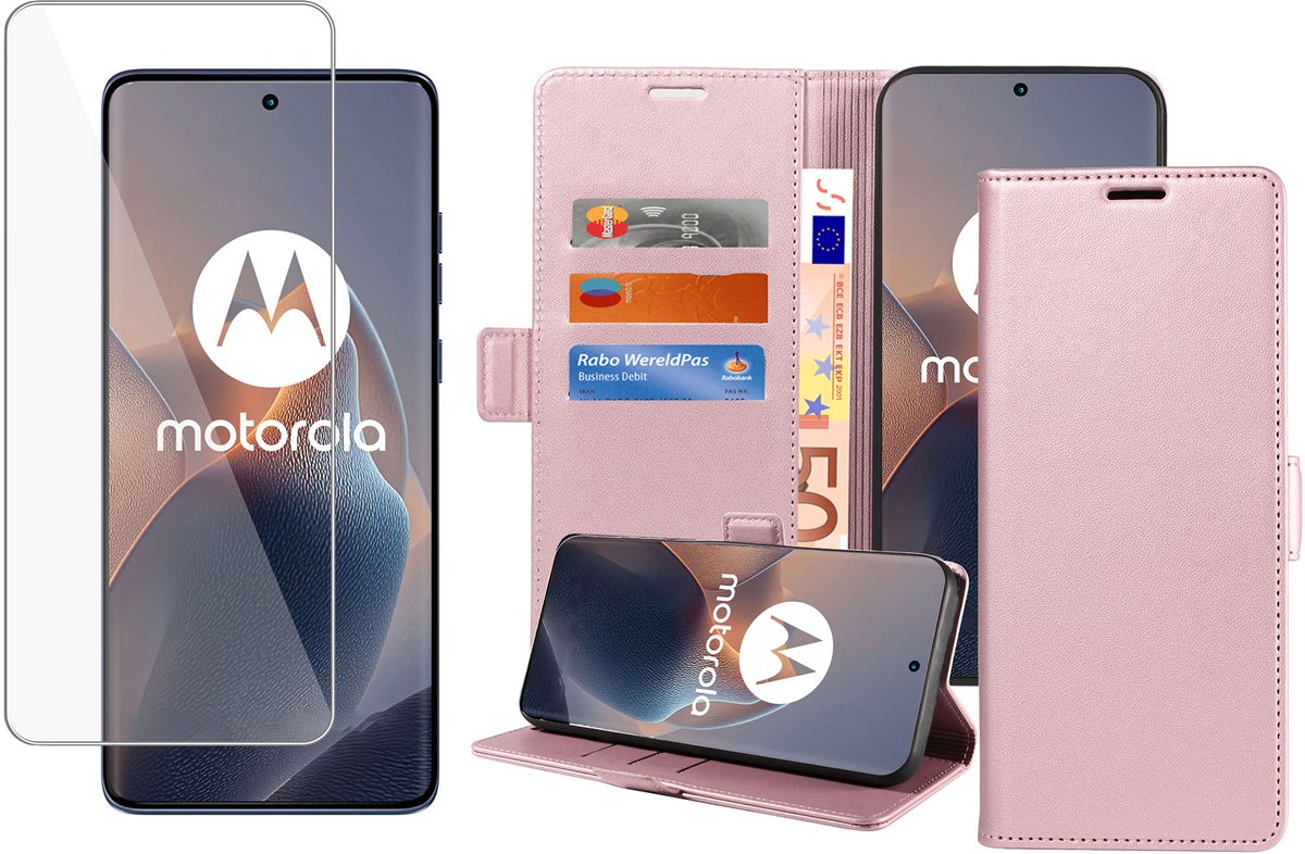 Book Case & Screenprotector geschikt voor Motorola Edge 60 Fusion Hoesje Screenprotector - Gehard Glas Cover + Magnetische Sluiting - Portemonnee Rose