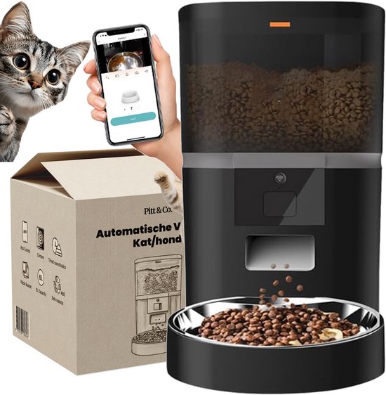 Pitt & Co Automatische Voerbak 4L Zwart RVS met Camera - Automatische - €74,95