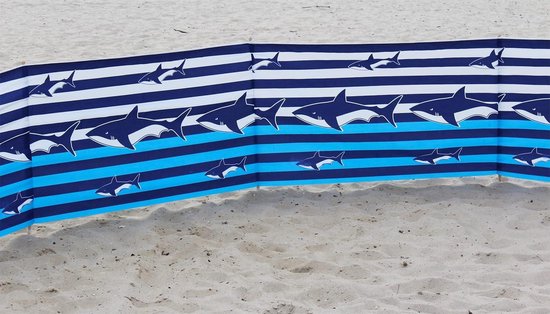 Windscherm strand lengte 8 meter in witte marineblauwe en blauwe strepen met haaien en schouderriem van Merkloos — afbeelding 2