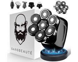 6-in-1 Scheerapparaat Mannen + Extra Scheerkop – Trimmer - Tondeuse - Sansbeauté® Skull Sharp PRO - Nat & Droog - Face en Head Shaver – Hoofd Kaal Scheren - Draadloos Opladen - Opzetstukken