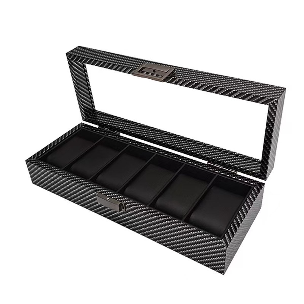 oge Doos - Opbergdoos - 6 Vakken - Sieradendoos - Kist - Carbon Fiber Look - Verwijderbaar Kussens - Watch Box - Zwart