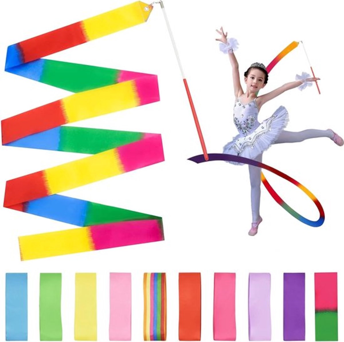 Ritmische danslinten - 10 stuks kleurrijke gymnastieklinten met draaiende staaf - talentenshows en dansstaf voor kinderen - regenboogband - meisjes - ideaal