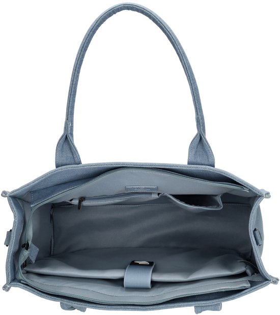 Open lichtblauwe denim shopper met compartimenten en een vak voor een laptop.