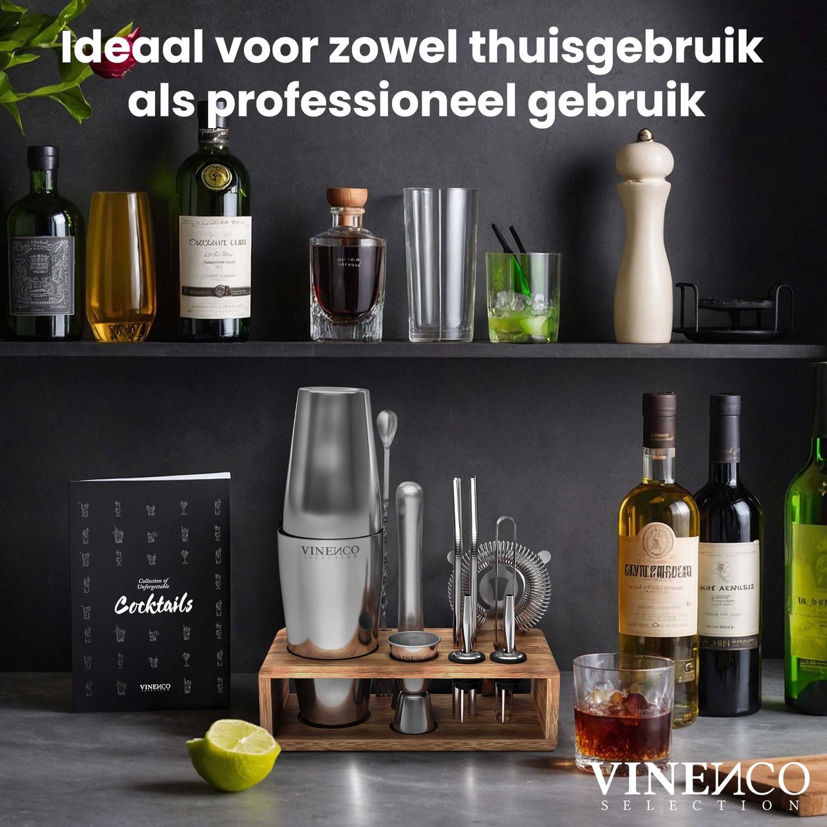 VINENCO Cocktailshaker Set Boston met Houten + Recepten Boek: 13 Delig RVS Staal Premium Barkeeper Kit | Prof Cocktail Shaker Bar Accessoires Martini Gin Mojito Longdrinks Party Verjaardag Cadeau Man Vrouw — cadeau in Kookcadeaus - foto 5