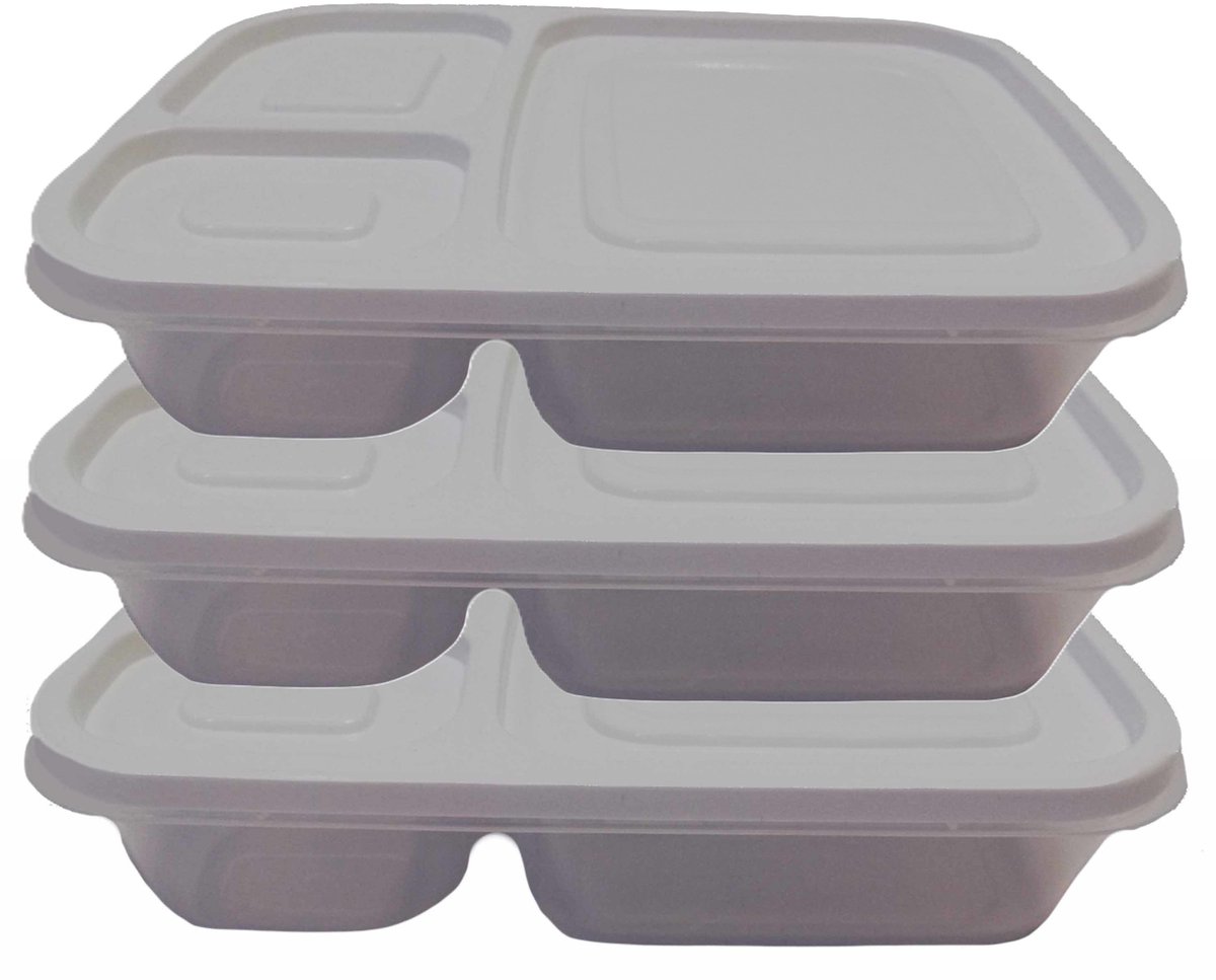Hobby Life Vershoudbakjes - 3x - 1.15L - 3-vaks - 23 cm - mealprep - bewaarbakjes - lichtgrijs