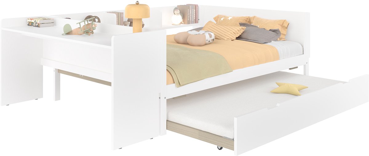 Plat bed - houten bed - 140x200cm - met bureau - met opklapbed - tweepersoonsbed - zonder matras - grenen spaanplaat - wit