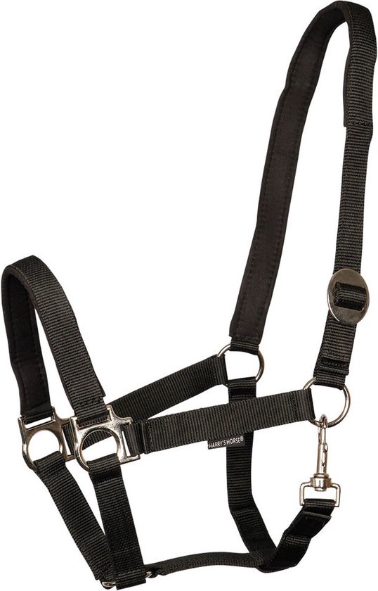 Zwart halster van Harry's Horse met zilverkleurige gespen en een zachte voering.