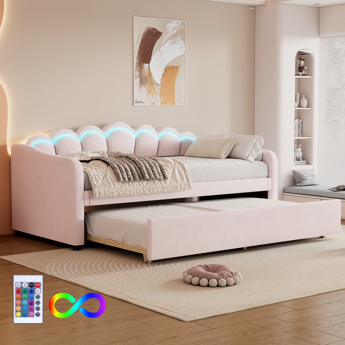 Ligbed - 90x200cm dagbed met uitschuifbaar bed - slaapbank - eenpersoonsbed - zonder Matras - fluweel - van kleur veranderend sfeerlicht- roze