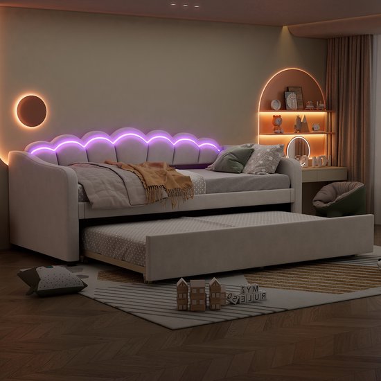 Méridienne - Méridienne 90x200cm avec lit gigogne - canapé-lit - lit simple - sans Matras - velours - lumière d'ambiance changeante de couleur - beige