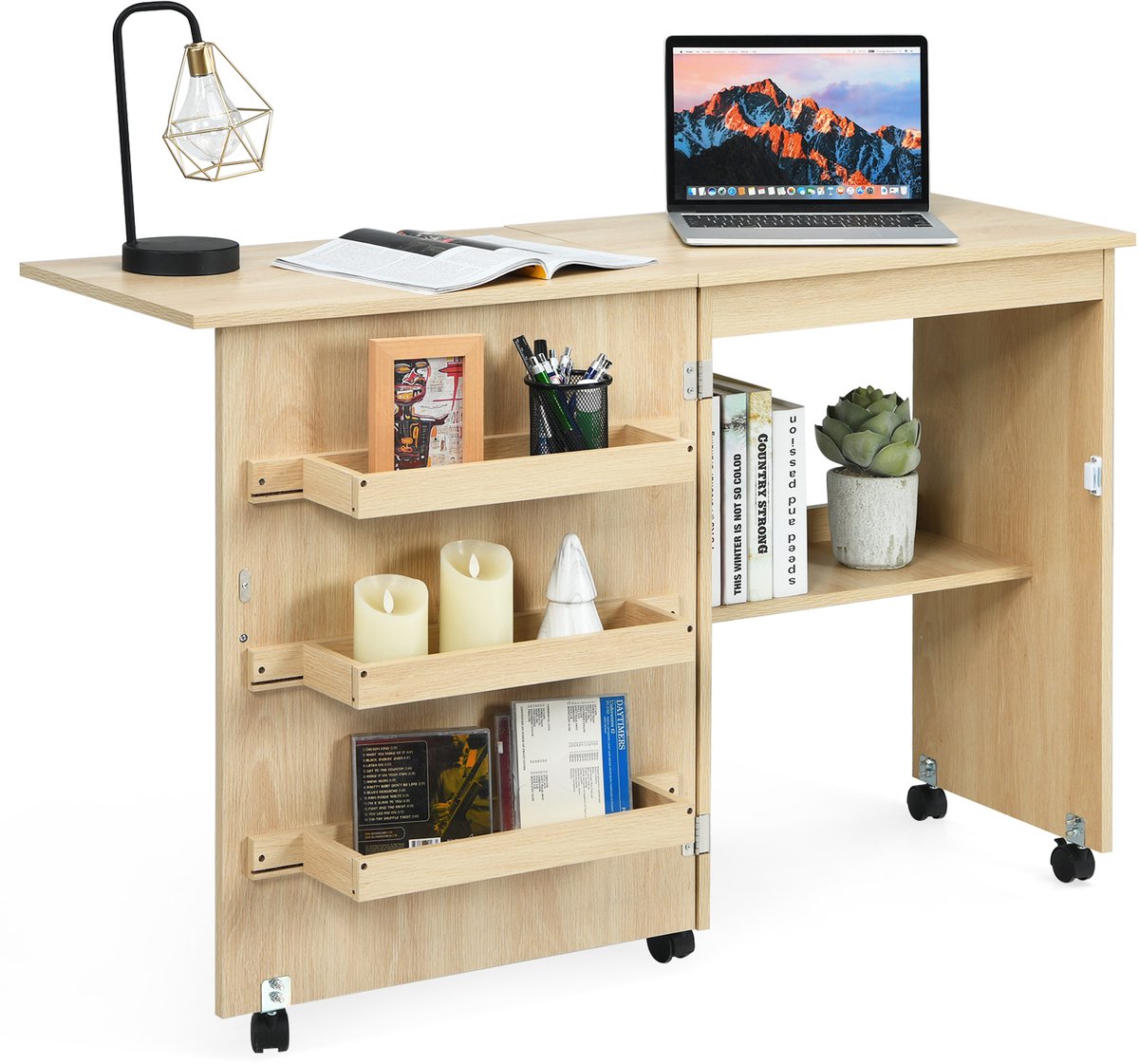 Costway 2-in-1 naaikast & bureau inklapbaar, naaitafel van hout met 3 legplanken voor spoelen en vergrendelbare wielen, naaimachinekast voor woonkamer, slaapkamer en kantoor Beige