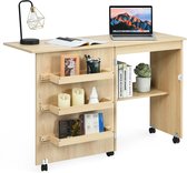 COSTWAY 2-in-1 naaikast & bureau inklapbaar, naaitafel van hout met 3 legplanken voor spoelen en vergrendelbare wielen, naaimachinekast voor woonkamer, slaapkamer en kantoor