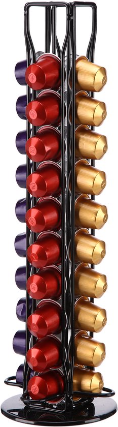 Porte-capsules noir rotatif avec 40 capsules Nespresso rouges, dorées et violettes.