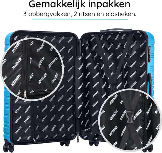 Open blauwe koffer met gestreepte voering, vakken en elastieken banden. Close-up van TSA-slot en gesp.