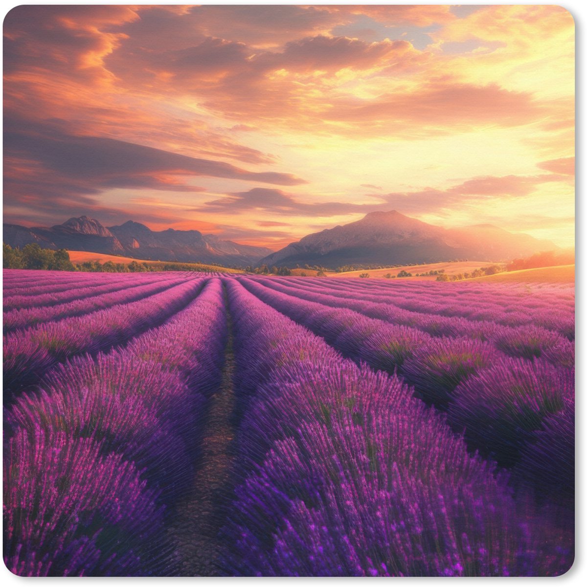 Muismat XXL 50x50 cm - Bureau onderlegger - Bureau mat Lavendelveld - Zonsondergang - Paars - Bureaumat - Gaming mousepad xl - Bureaulegger groot - Computer deskmat