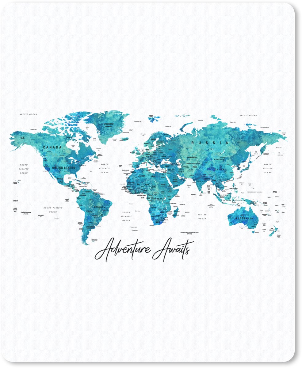 Muismat 19x23 cm - Mousepad Wereldkaart - Blauw - Kleurrijk - Muismatten