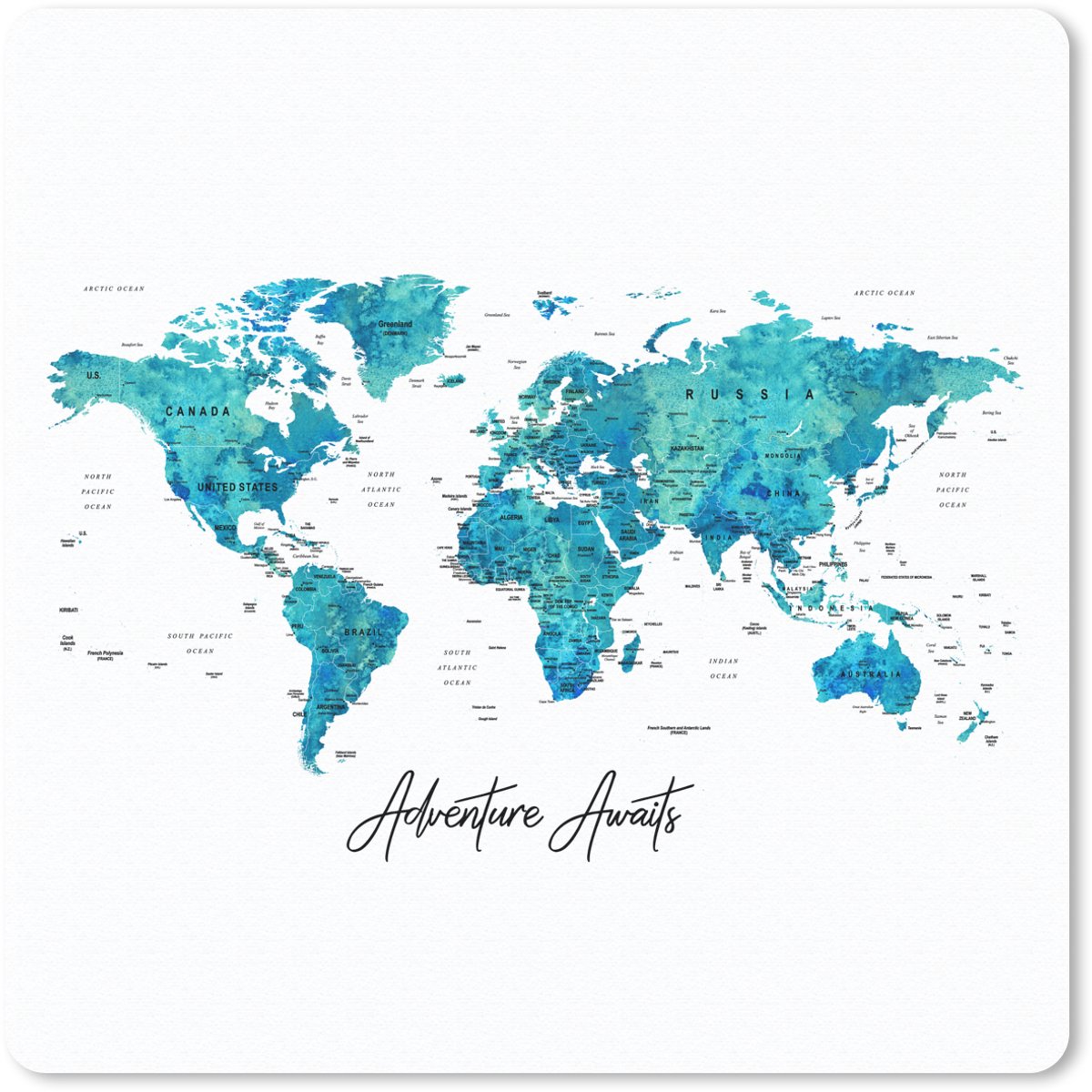 Muismat 20x20 cm - Mousepad Wereldkaart - Blauw - Kleurrijk - Muismatten