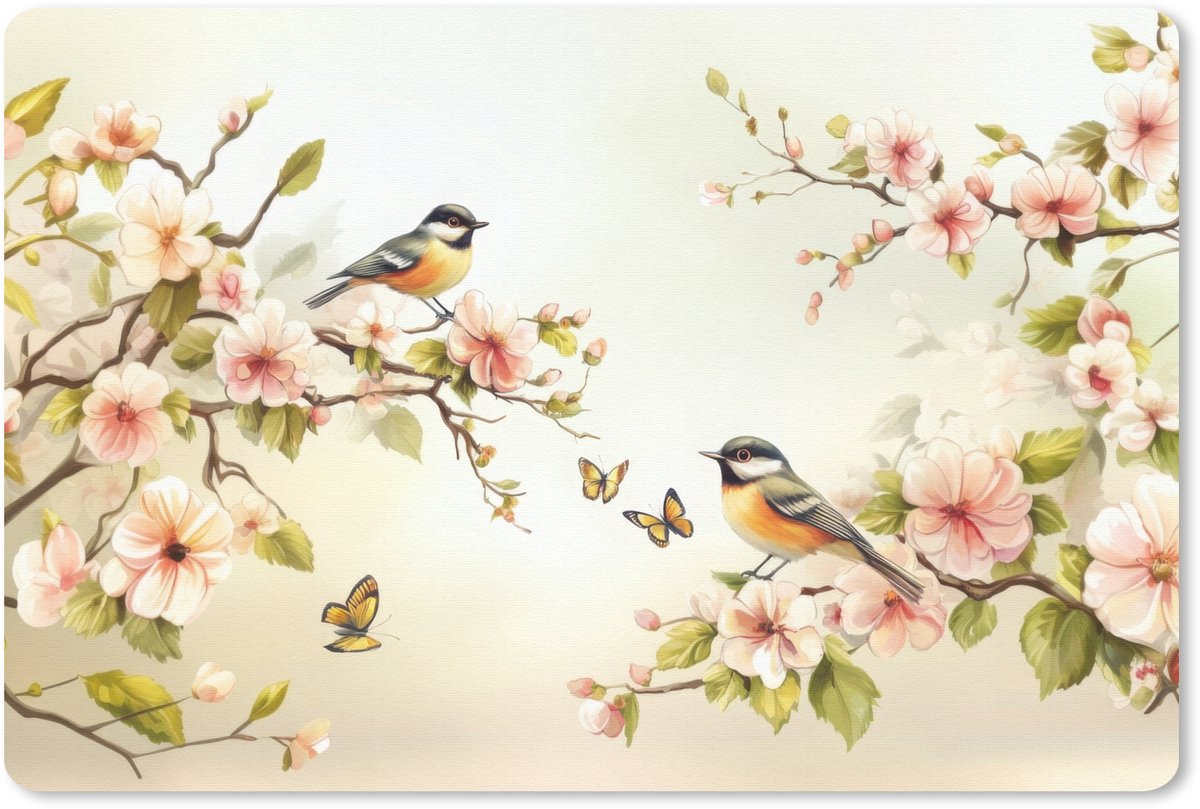Muismat 27x18 cm - Mousepad Takken - Bloemen - Vogeltjes - Roze - Muismatten