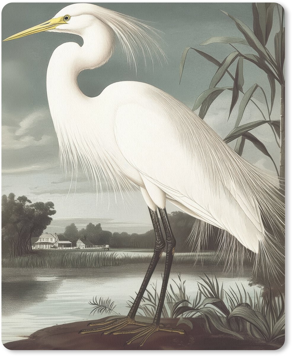 Muismat 19x23 cm - Mousepad Reiger - Planten - Wolken - Wit - Muismatten