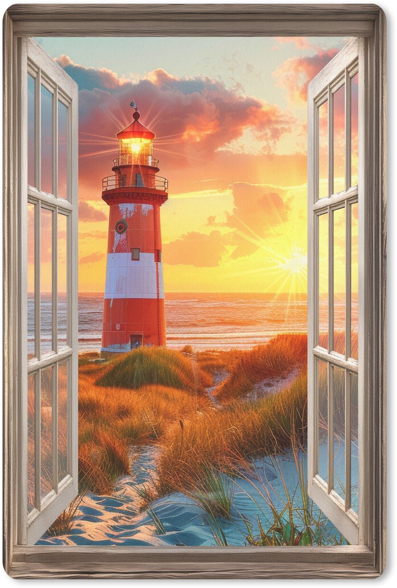 Muismat 18x27 cm - Mousepad Doorkijk - Raam - Vuurtoren - Zonsondergang - Strand - Muismatten