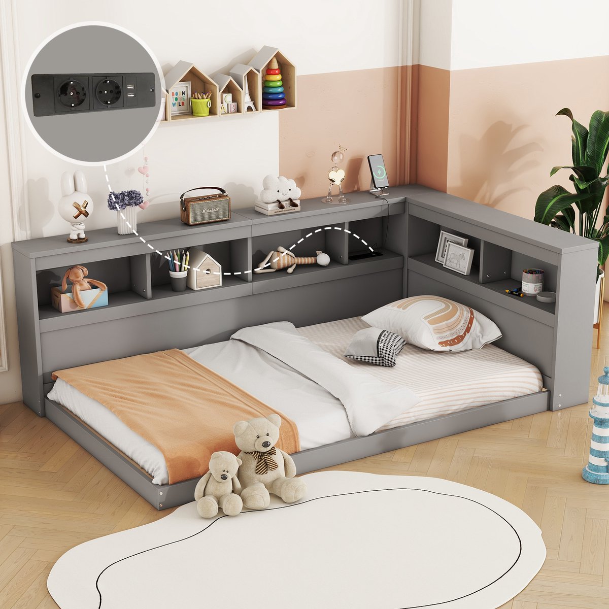 Dagbed - 90 x 200 cm - Slaapbank met stopcontact en 2 USB-poorten - zonder matras - Spaanplaat - Grijs