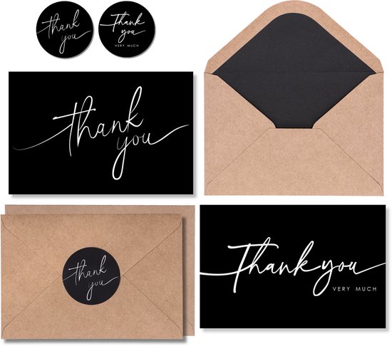Set de 100 cartes de remerciement avec Enveloppes Partizzle - Cartes de remerciement - Cartes postales - Set avec Autocollants - 15 x 10 cm - Zwart
