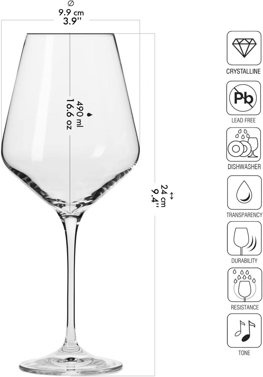 KROSNO | Rode Wijnglazen | Set van 6 - 490 ml | Avant-Garde Collectie | Loodvrij Kristalglas | Perfect voor Thuis, Restaurants en Feesten | Vaatwasser Veilig – foto 8