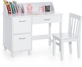 COSTWAY Kinderbureauset met stoel, schoolagenbureau met plank, open plank en opbergkast, jeugdschrijftafel, kinderbureau om te tekenen, lezen (wit)