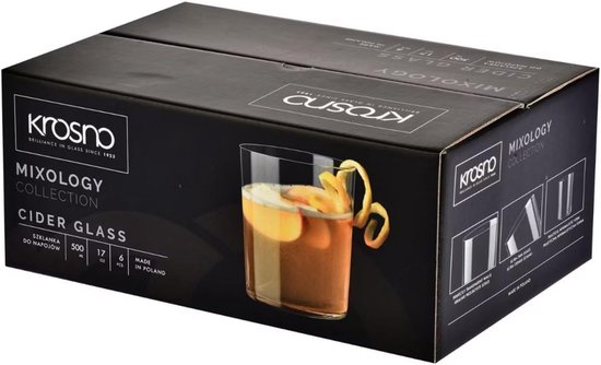 Kartonnen verpakking van KROSNO Mixology Collection Cider Glass, met afbeelding van een glas met drank.