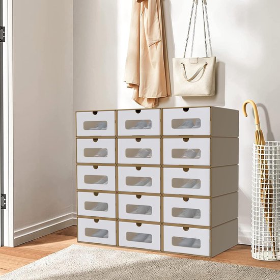 Lot De 10 Boîtes De Rangement Empilables Eikuavons Avec Fenêtre Et Tiroir - 33 X 30 X 35 Cm, Carton Résistant Pour Chaussures, Jouets Et Accessoires - Marron Et Blanc