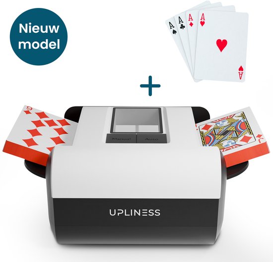 Nouveau modèle de mélangeur de cartes blanc avec quatre as et un roi représentés sur des cartes à jouer.