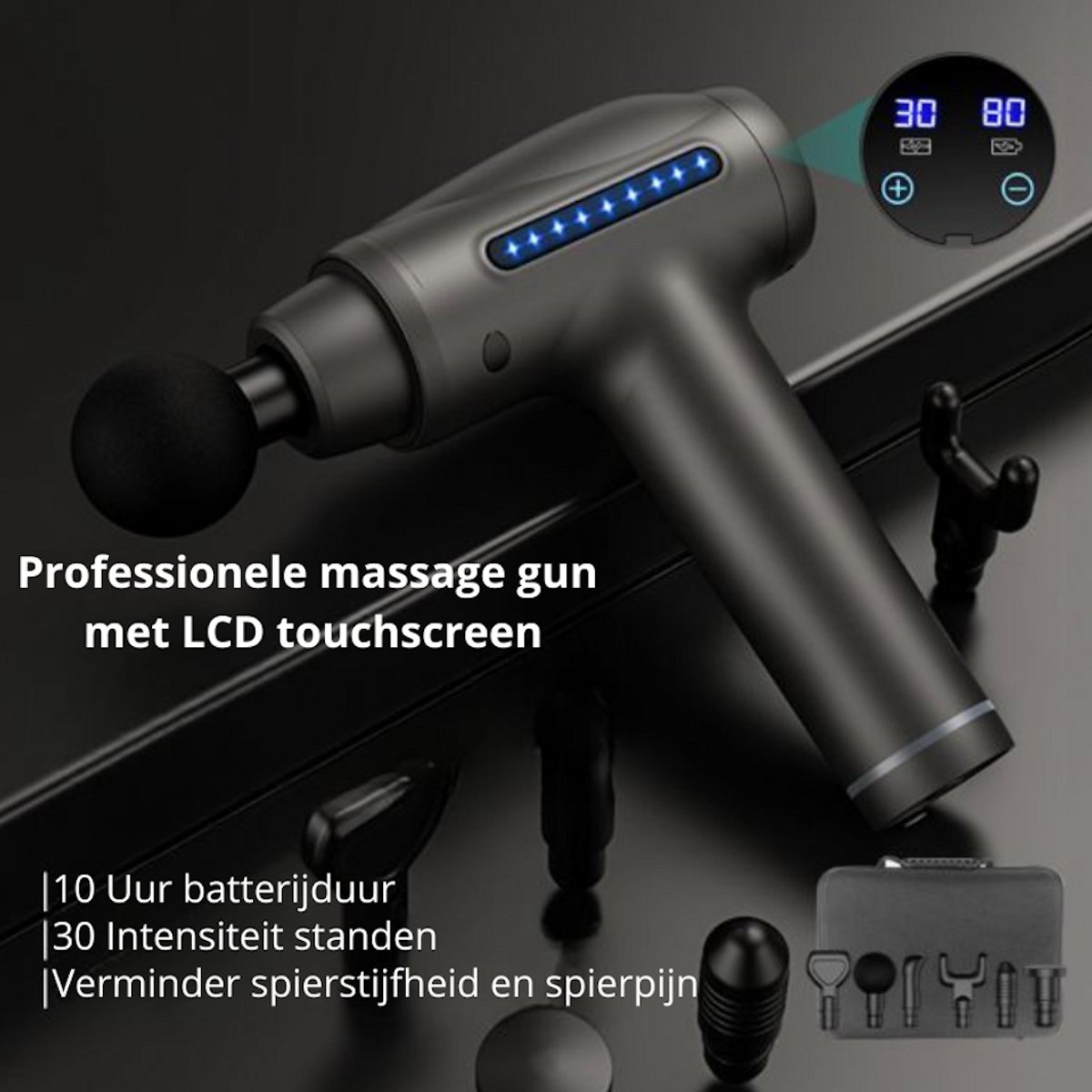 Afbeelding 3 van Massage Gun PRO – 6 Kopstukken – Stil – Draagbaar – LED Touch Display – Spiermassage – 30 Snelheden – Triggerpoint Therapie – Oplaadbaar – Inclusief Opbergcase