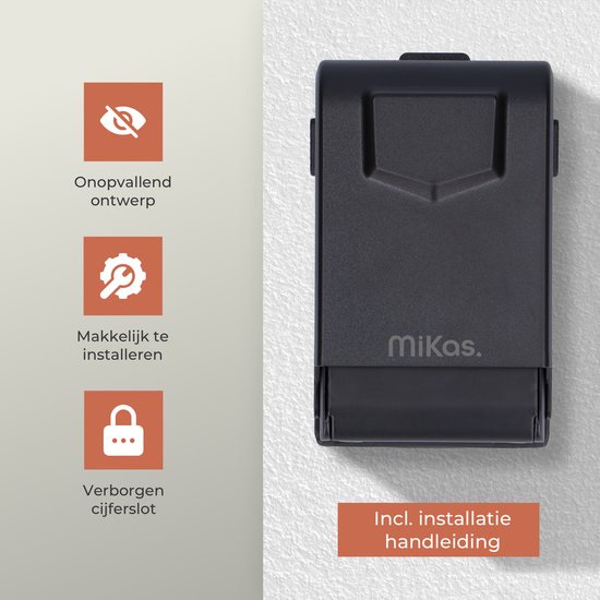 Zwarte sleutelkluis met MiKas logo en de tekst 'Incl. installatie handleiding' onderaan.