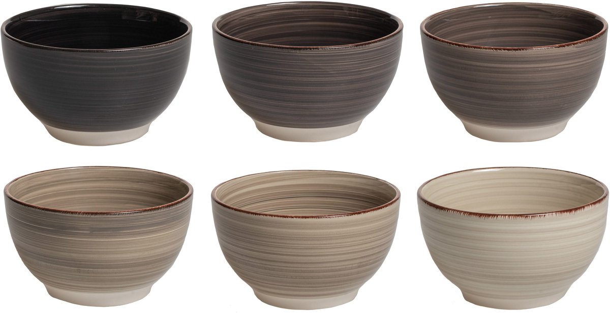 Cookinglife Kom Delice Gris Bruin/Beige/Grijs - Set van 6 ø 14 cm - Aardewerk - Vaatwasser-, Magnetron- & Ovenbestendig