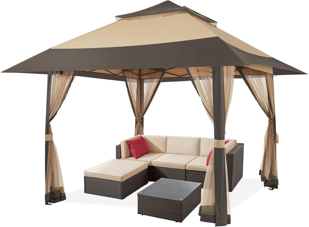 Verstelbaar Tuinpaviljoen 4x4 m met Mesh Zijwanden en Dubbel Dak - Waterdicht en Stabiel Partytent