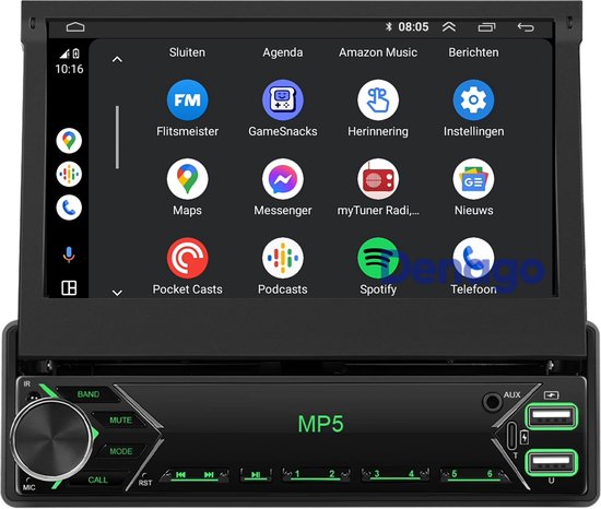 Autoradio met klapscherm, toont apps zoals Sluiten, Agenda, Amazon Music, Berichten, FM, GameSnacks, Herinnering, Instellingen, Maps, Messenger, myTuner Radio, Nieuws, Pocket Casts, Podcasts, Spotify, Telefoon.