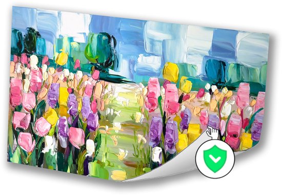 Kleurrijk veld met bloemen - Bloemen poster - Wanddecoratie natuur - Impressionisme - Muurdecoratie modern - Slaapkamer decoratie - poster 100x70 cm