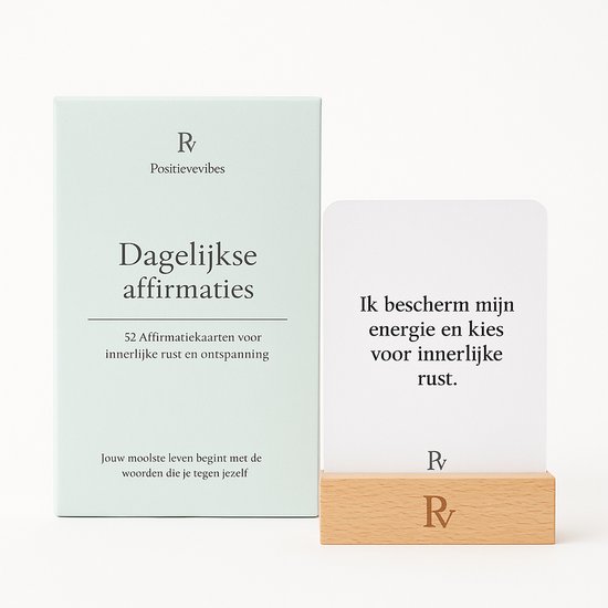 Positievevibes Innerlijke Rust-serie – Affirmatiekaarten – 52 kaarten – Met houten standaard – Voor ontspanning & zelfzorg