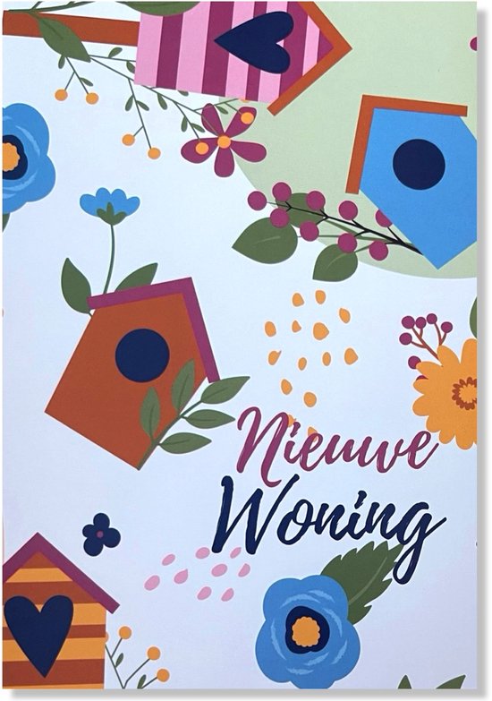 Gevouwen kaart met de tekst 'Nieuwe Woning', met kleurrijke vogelhuisjes en bloemen.