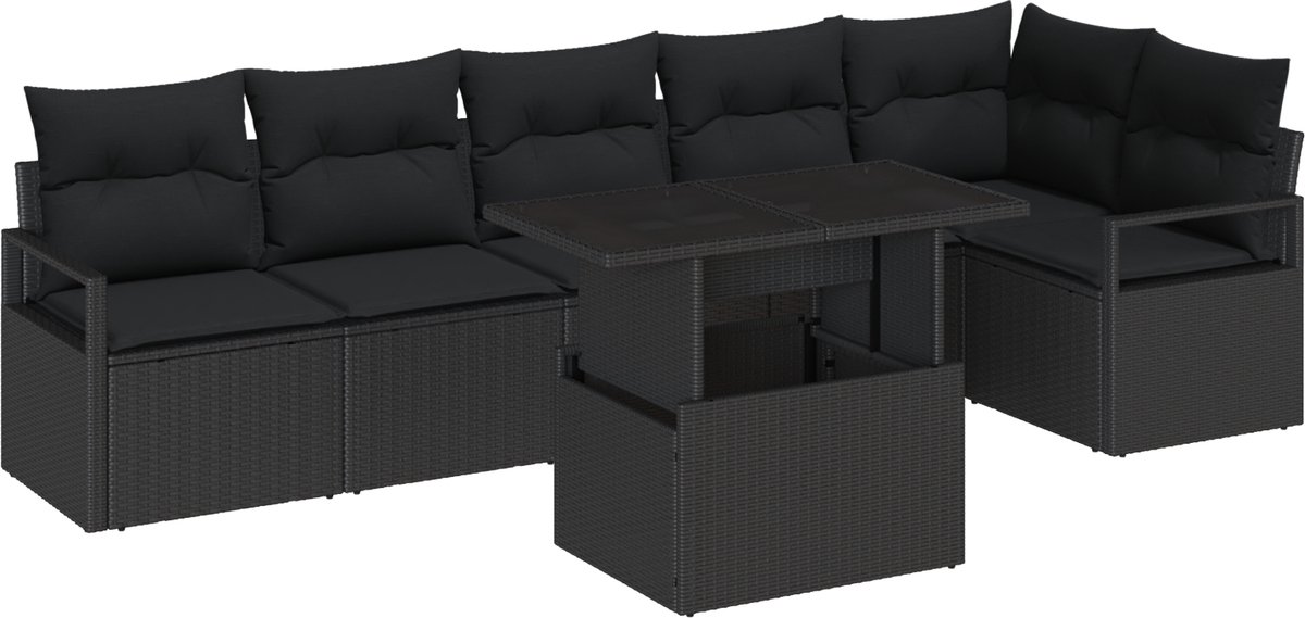 vidaXL - Tuinbank - Set - met - kussen - met - opslag - 7 - pcs - Zwart - Poly - rattan