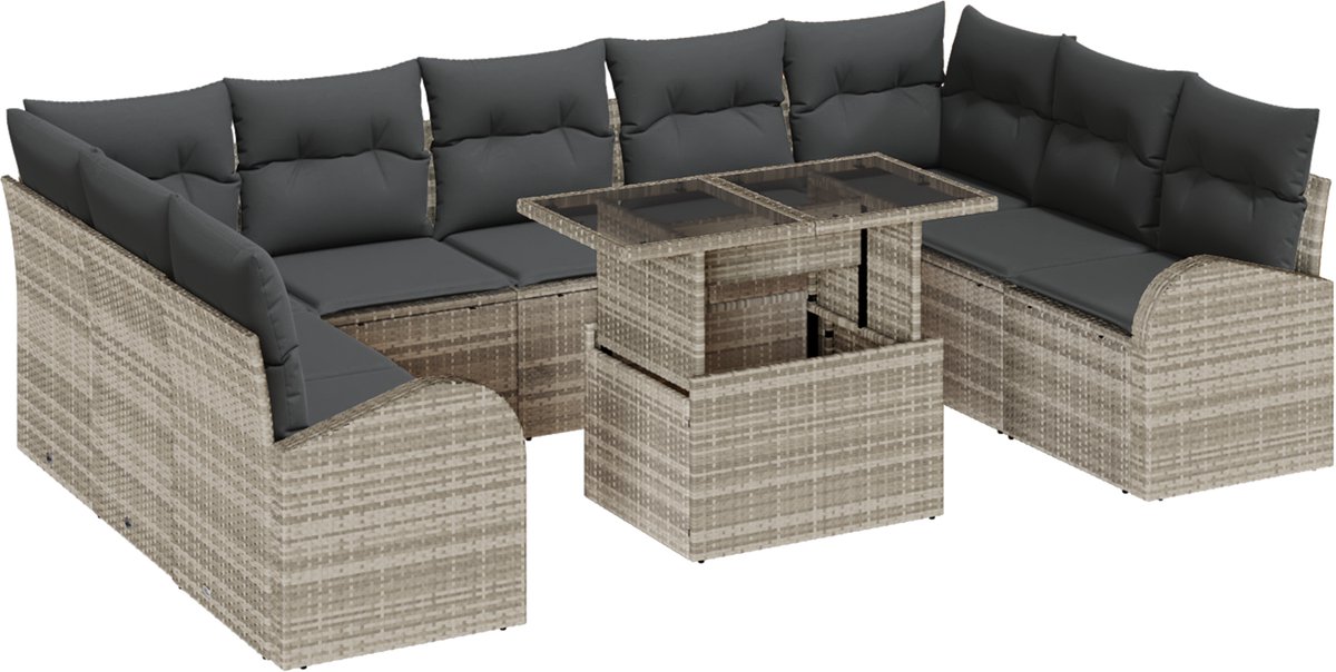 vidaXL - Tuinbank - Set - met - kussen - 10 - pcs - Lichtgrijs - Poly - rattan