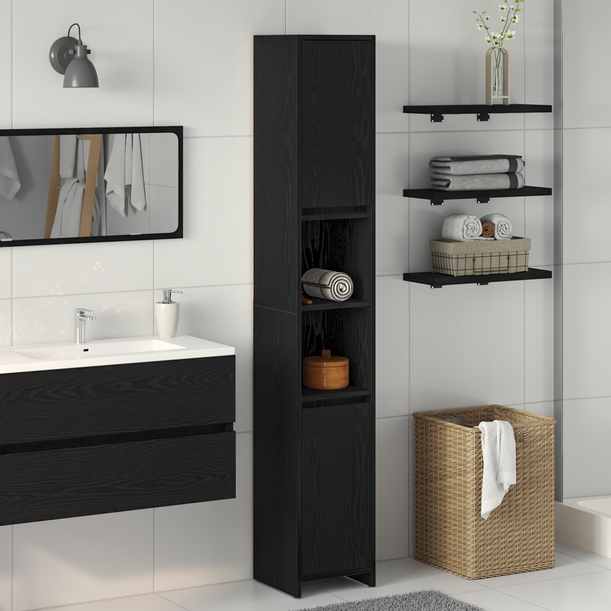 Badkamerkast Zwart Eiken 30x30x183,5 cm Bewerkt hout kopen