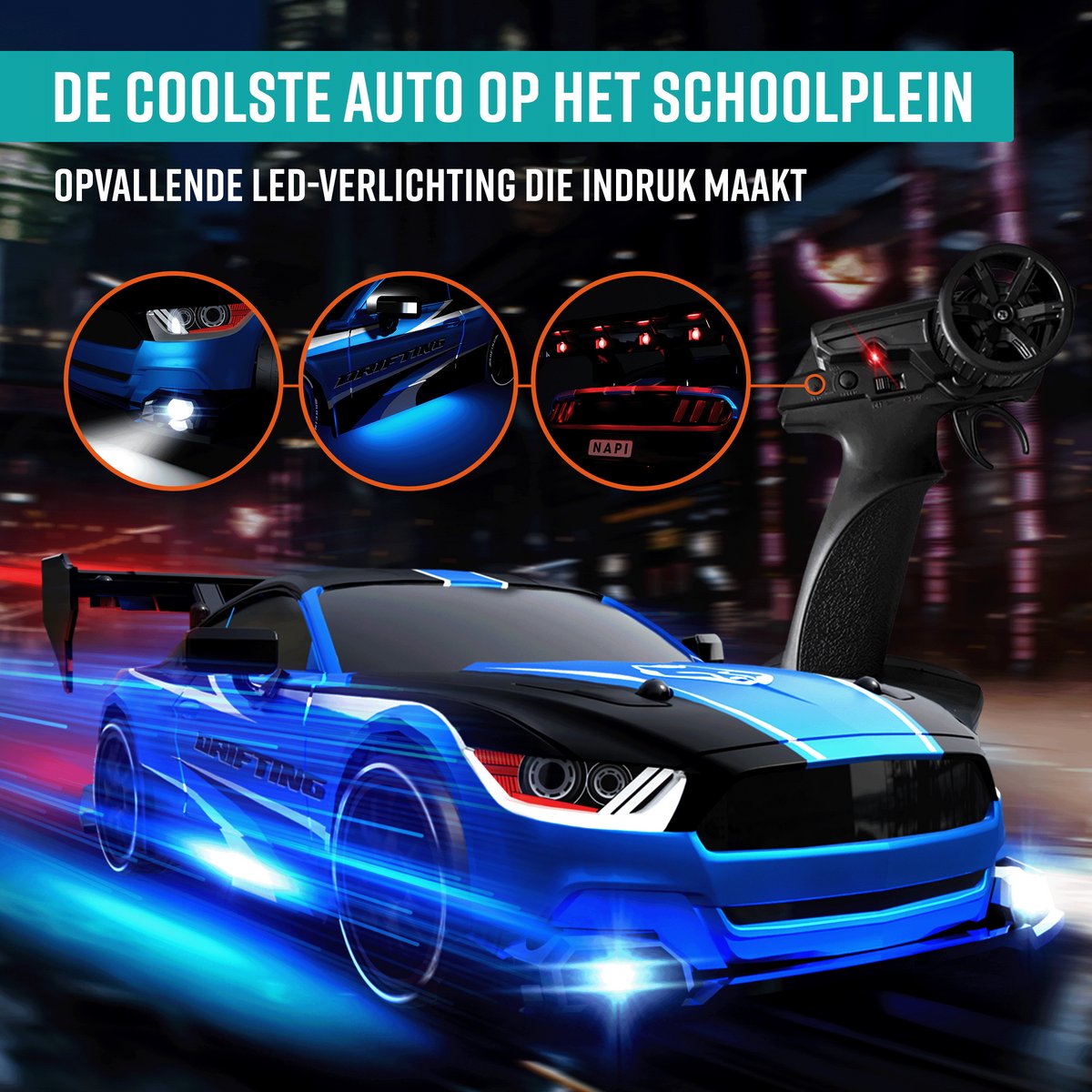 Napi Bestuurbare RC Auto - Drift Car met 2 Accu’s, LED & Accessoires - 15 km/h - Buitenspeelgoed - Race Autos voor Jongens & Volwassenen - Buiten Speelgoed - Speelgoedauto Radiografisch - Drift King — afbeelding 6