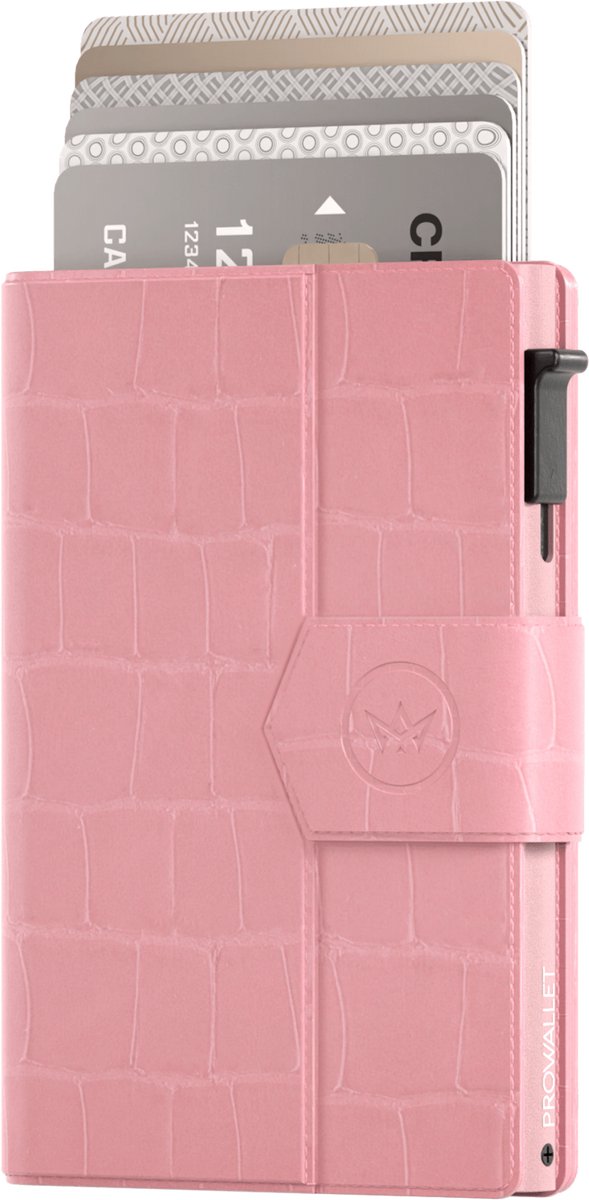 Prowallet Plus - Croco Lichtroze - Pasjeshouder voor 8 pasjes, briefgeld en muntgeld - Uitschuifbaar - RFID Creditcardhouder - Kaarthouder Portemonnee, Premium Pashouder voor Vrouwen - Aluminium, Kunstleer - Incl. Luxe Cadeaubox