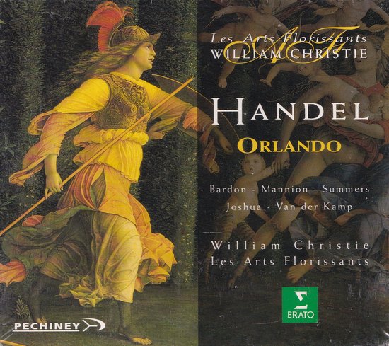 Een kunstwerk met een vrouw in een gele jurk en helm, die een speer vasthoudt. Text: Handel Orlando.